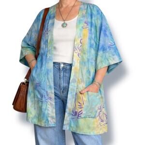 90s Oh Baby Maui Batik Hand Dyed Batik Print Kimono Duster Blue Green Purple